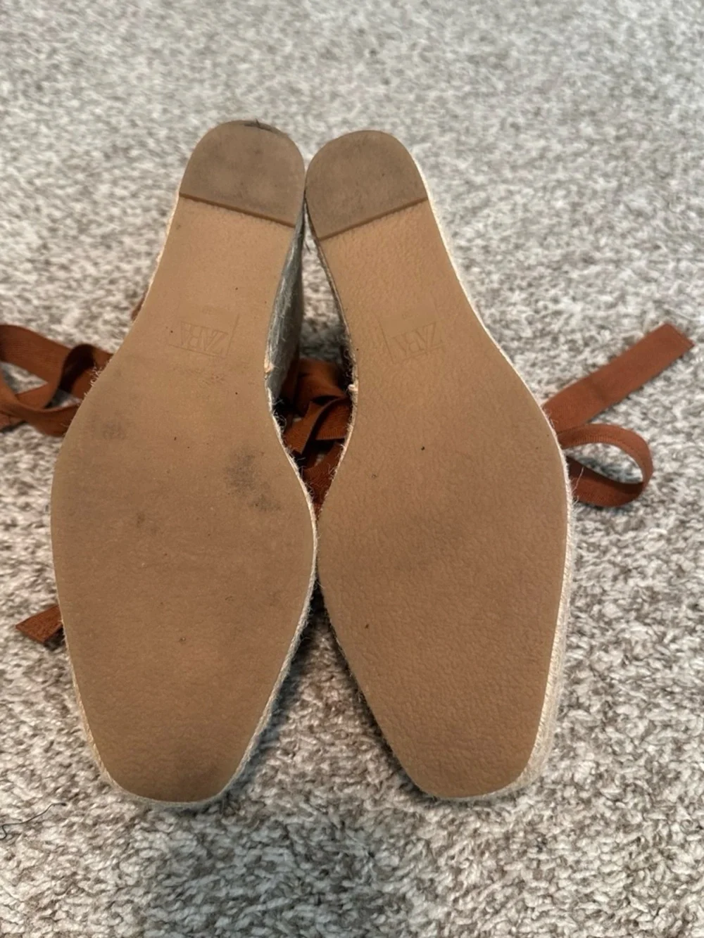 Zara Tan Leather Espadrille Wedge with Ankle Tie
